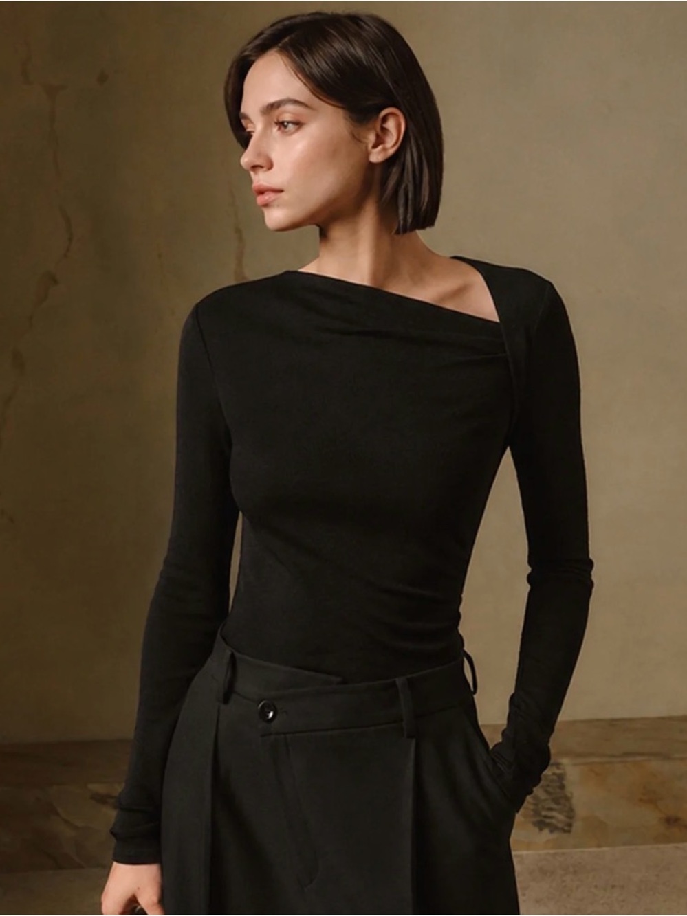 Commense Black Ribbed Knit Asymmetric Long Sleeve Top